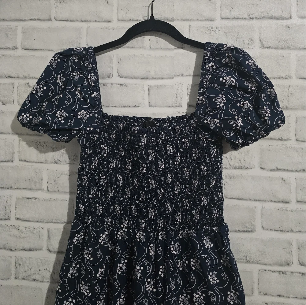 J. Crew Short Sleeve Smocked‎ Dress Navy Starry Swirl Size S